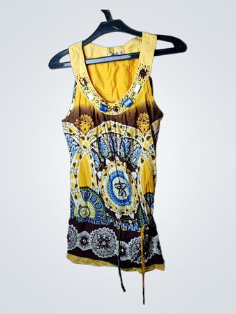 Ärmelloses Tanktop mit buntem Muster und verzierendem Ausschnitt