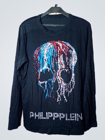 Philipp Plein Schwarzes Langarm-T-Shirt mit verziertem Totenkopf-Print