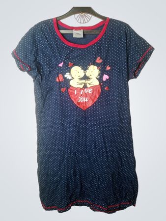 Damen-Nachthemd in Blau mit Polka-Dots und Aufschrift "I Love You