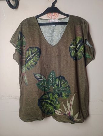 TESINI Damen T-Shirt mit V-Ausschnitt und grünem Blätterprint