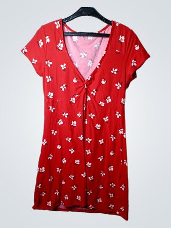 Rotes Blumenmuster, kurzärmeliges V-Ausschnitt-Minikleid
