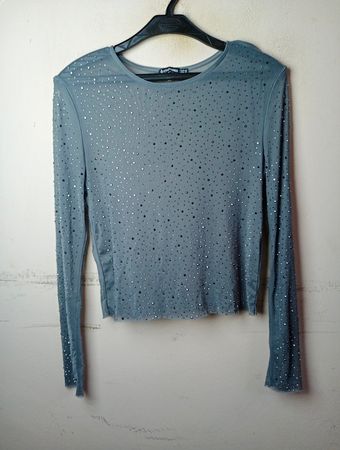 Stradivarius Damen Langarm-Mesh-Top mit Strasssteinbesatz
