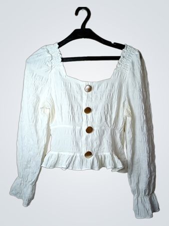 White Square Neck Smocked Blouse with Gold Buttons