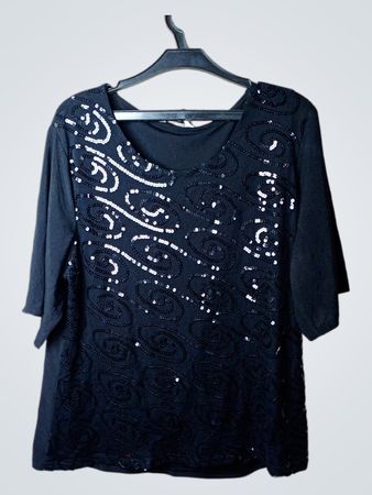 Brillante Damen Top mit schwarzen Pailletten im Wirbelmuster XXL