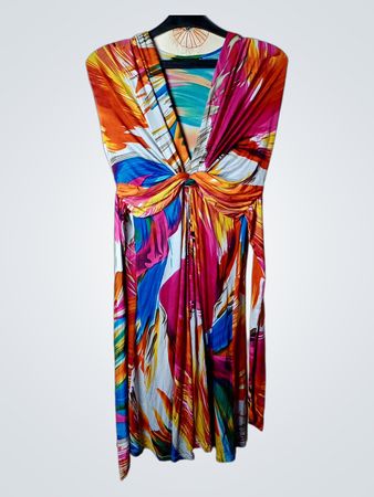 ADINE Damen Maxi-Kleid mit farbigem abstraktem Alloverdruck und V-Ausschnitt