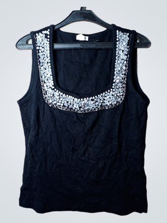 Schwarzes ärmelloses Tanktop mit Paillettenbesetztem Ausschnitt