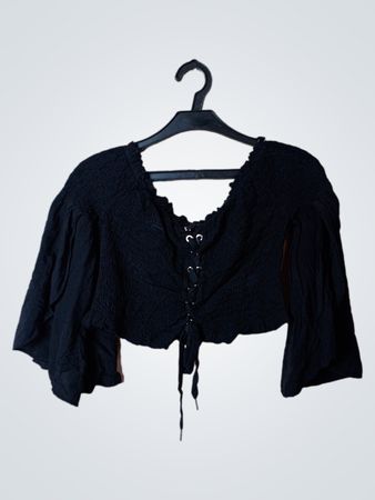 Black Smocked Lace-Up Crop Top