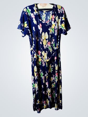 Blue floral print pleated midi dress