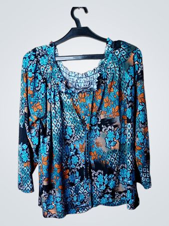 Blue and Orange Floral Print Blouse