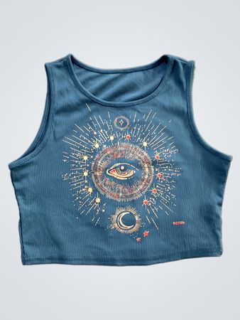 Romwe Blaues Grafisches Geripptes Crop Top