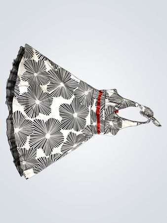 Schwarz-weißes Blumenmusterkleid mit rotem Band
