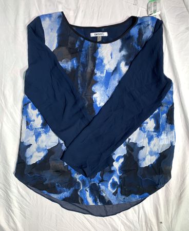 DKNY Damen Blaue Abstrakte Druck Langarmbluse