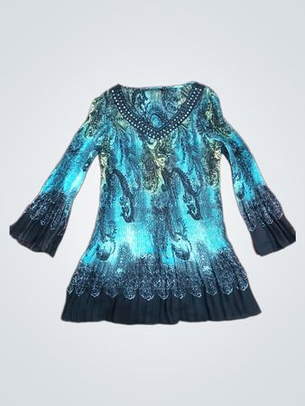 David Emanuel Damen Blau-Schwarz Paisley-Print Glockenärmel Falten Tunika-Oberteil