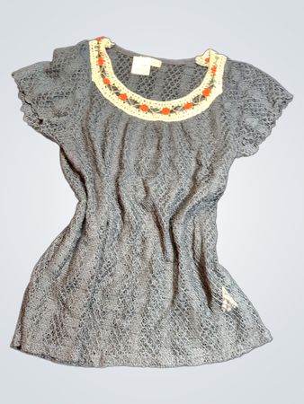 Gray Lace Top with Floral Crochet Neckline