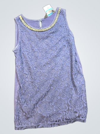 Blue Lace Sleeveless Top with Beaded Neckline
