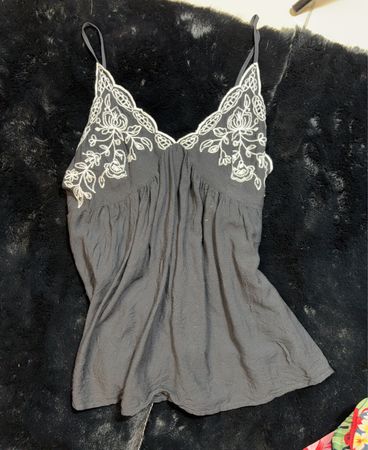 Gray Camisole with White Lace Trim