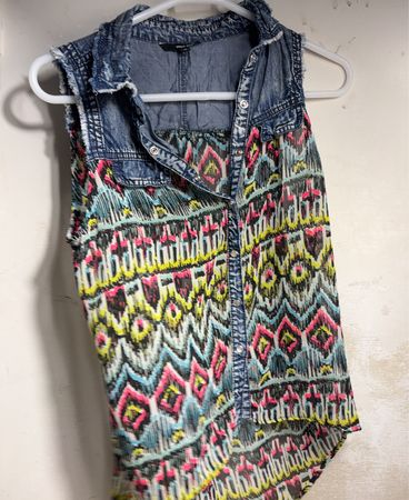 Tally Weijl Sleeveless Denim and Print Blouse