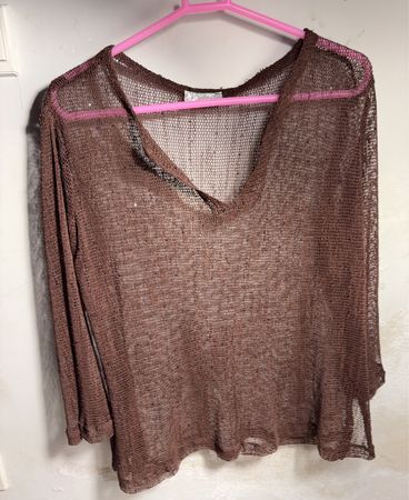 Brown Mesh V-Neck Long Sleeve Top
