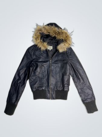 Black Leather Jacket with Fur Hood