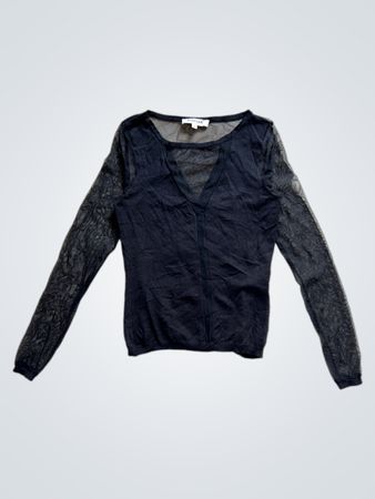 Morgan de Toi Black Mesh Long-Sleeve V-Neck Top