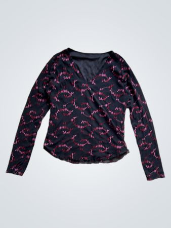 Unbranded Black Mesh Long-Sleeve Crop Top with Pink Wavy Pattern