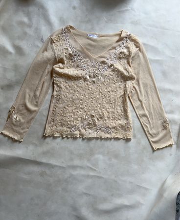 Long-Sleeve Cream Embellished Top