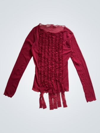 Red Long-Sleeve Top with Ruffled Front