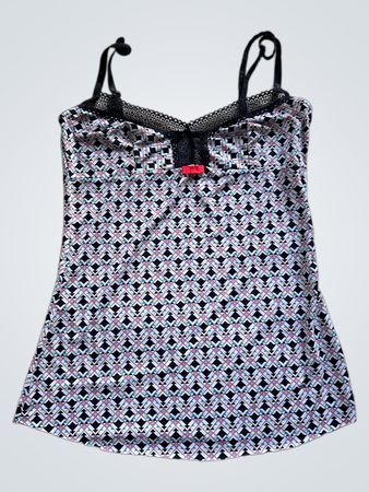 Womens camisole with black trim and multicolored pattern
