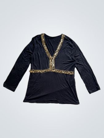 Black Beaded V-Neck Long Sleeve Top