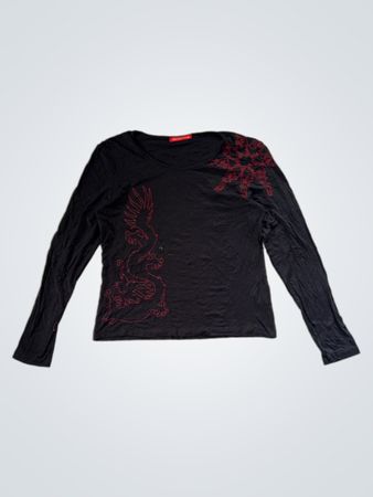 alain manoukian Black Long-Sleeve Shirt with Red Dragon Design