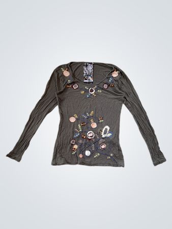 Gray Long Sleeve Embroidered Top