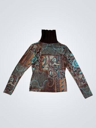 Brown Paisley Pattern Turtleneck Sweater