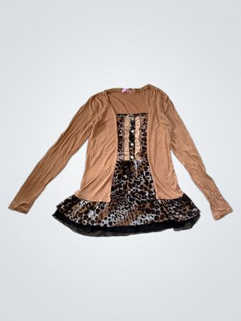 Brown Long-Sleeve Top with Leopard Print Hem