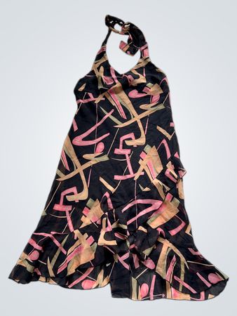 Black and Pink Abstract Pattern Halter Dress