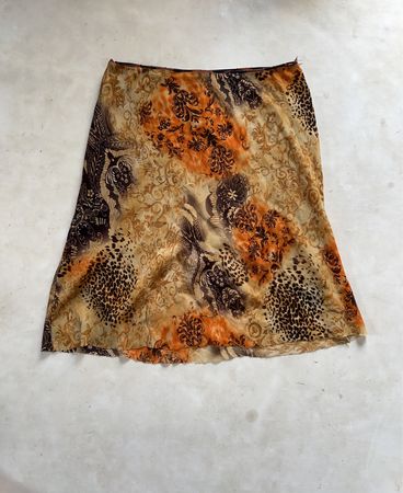 JOY Orange Braun Floral Leopard Druck Netz Midi Rock Größe 40