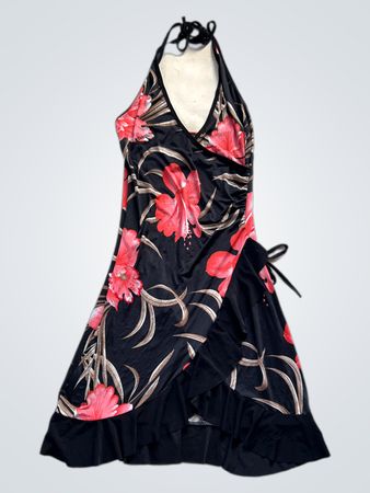 Black halter neck dress with red floral print