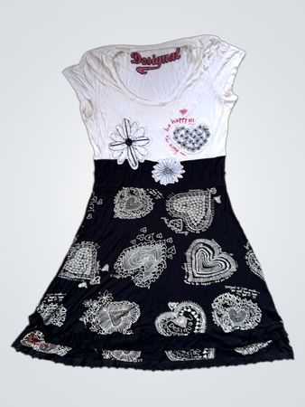Desigual Women's White and Black Heart Print Dress