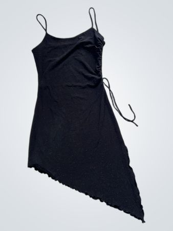 Sabra Black Glitter Ruched Asymmetrical Hem Spaghetti Strap Dress
