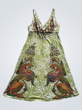 Butterfly Dropout Green Dress with Dragon Print