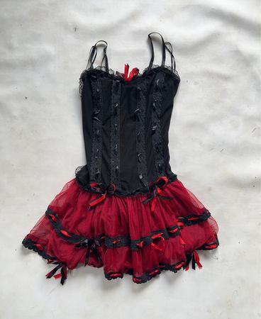Queen of Darkness Black and Red Corset Dress with Lace and Ribbon Accents