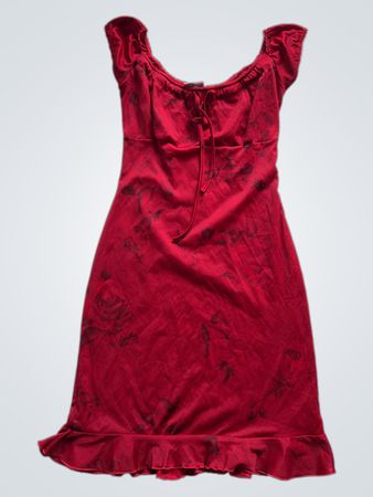 Pinkie Red Floral Print Ruffle Hem Dress