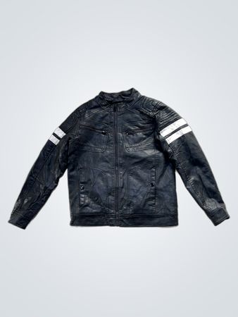 CHAPTER young Black Faux Leather Jacket with White Stripes