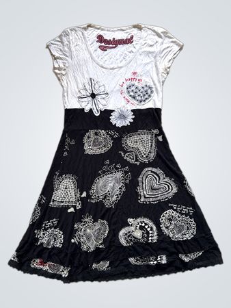 Desigual White and Black Heart Print Dress