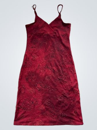 Red paisley print slip dress