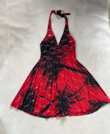 Red and black halter dress with sparkle details