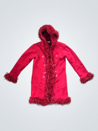 Red Hooded Faux Fur Trimmed Coat