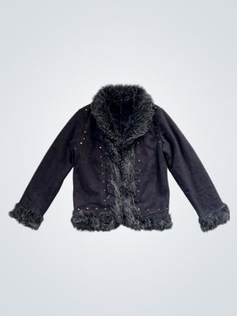 Black Faux Fur Trimmed Jacket with Studs