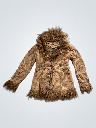 MOJO Floral Print Faux Fur Trim Jacket