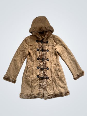 Brown Hooded Toggle Coat with Faux Fur Trim