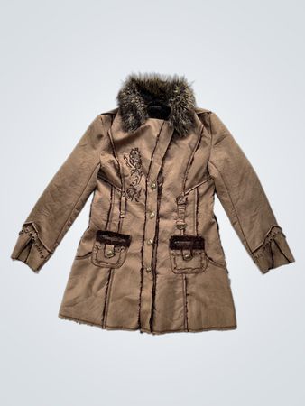 Juju & Christine Women's Brown Faux Fur Trimmed Coat